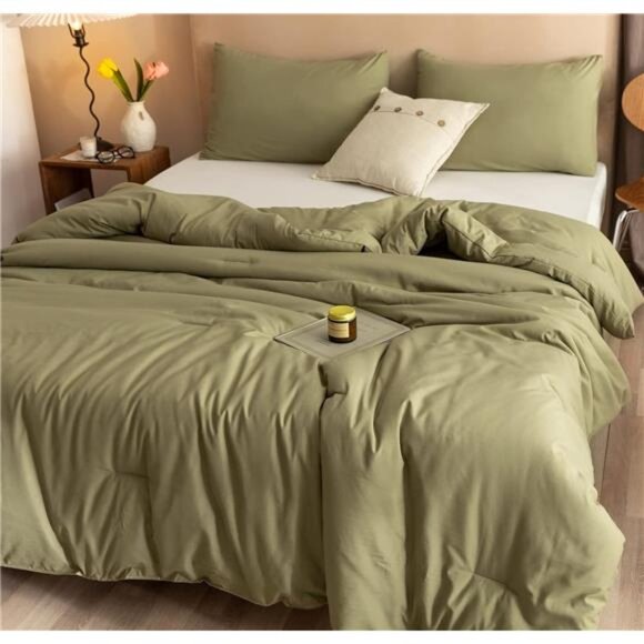 Queen Comforter Set Olive Green, 3pcs Bedding Sets Queen Boho Olive Comforter - Picture 4 of 8